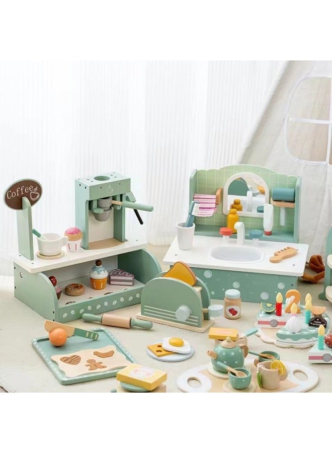 Play House Simulation Afternoon Tea Kitchenware Wooden Children's Dessert Shop Ice Cream Cake Boys And Girls Educational Toys-Color:Fg-morandi Coffee Machine Stove  - Image 5
