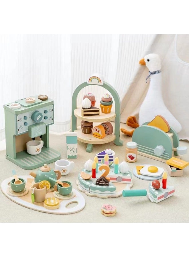 Play House Simulation Afternoon Tea Kitchenware Wooden Children's Dessert Shop Ice Cream Cake Boys And Girls Educational Toys-Color:Fg-morandi Coffee Machine Stove  - Image 2