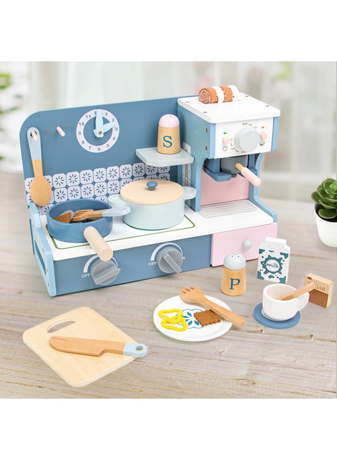 Play House Simulation Afternoon Tea Kitchenware Wooden Children's Dessert Shop Ice Cream Cake Boys And Girls Educational Toys-Color:Fg-morandi Coffee Machine Stove  - Image 1