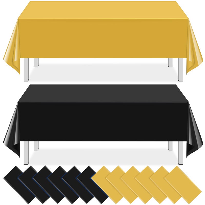 MASHAN 12 Pcs Black and Gold Plastic Tablecloths Bulk,54 x 108 Inch Disposable Rectangle Party Table Cloth Waterproof Table Cover for Birthday Wedding Anniversary Graduation Party Decorations Supplies - Image 1