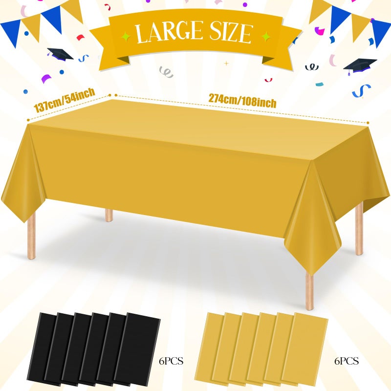 MASHAN 12 Pcs Black and Gold Plastic Tablecloths Bulk,54 x 108 Inch Disposable Rectangle Party Table Cloth Waterproof Table Cover for Birthday Wedding Anniversary Graduation Party Decorations Supplies - Image 2