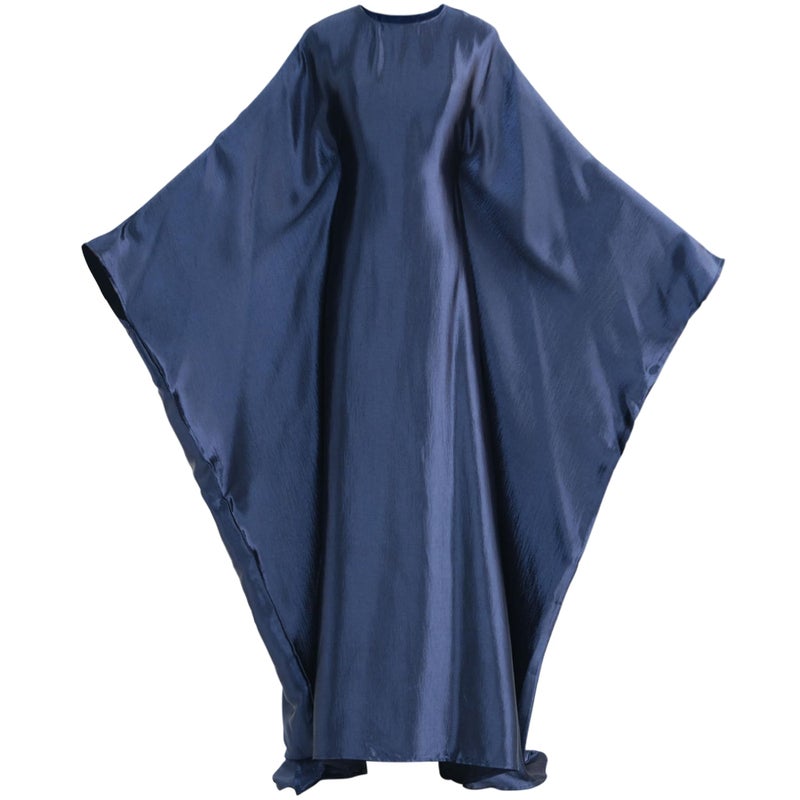 khalat Abaya Muslim Dress Women Satin Prayer Dress Batwing Long Sleeve Middle East Arabian Robe with Hijab Navy - Image 5