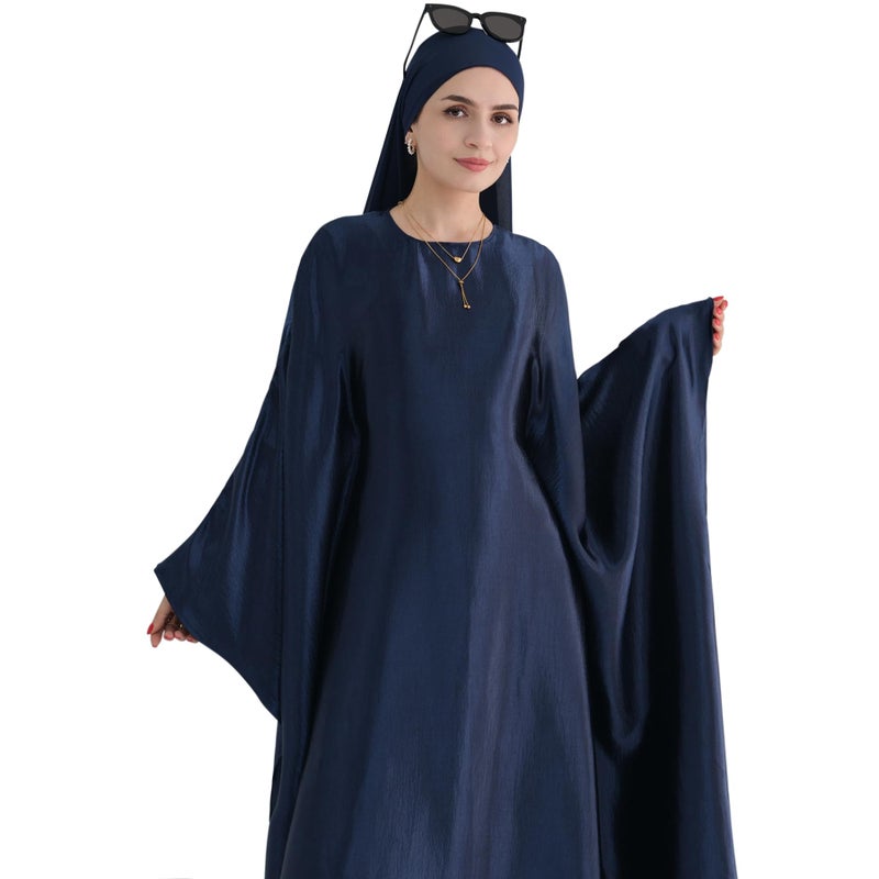 khalat Abaya Muslim Dress Women Satin Prayer Dress Batwing Long Sleeve Middle East Arabian Robe with Hijab Navy - Image 4