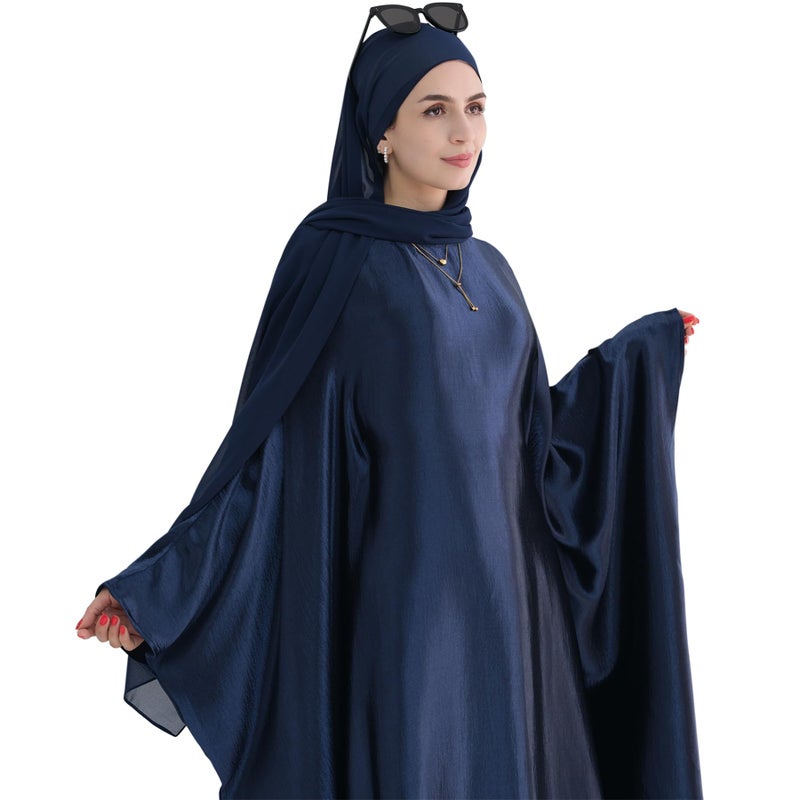 khalat Abaya Muslim Dress Women Satin Prayer Dress Batwing Long Sleeve Middle East Arabian Robe with Hijab Navy - Image 2