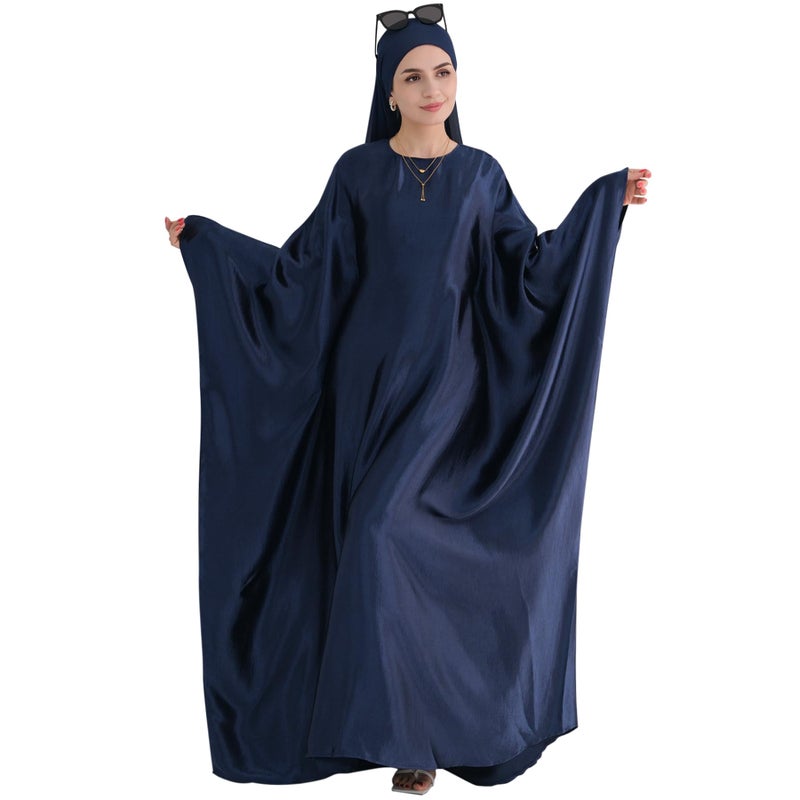 khalat Abaya Muslim Dress Women Satin Prayer Dress Batwing Long Sleeve Middle East Arabian Robe with Hijab Navy - Image 1