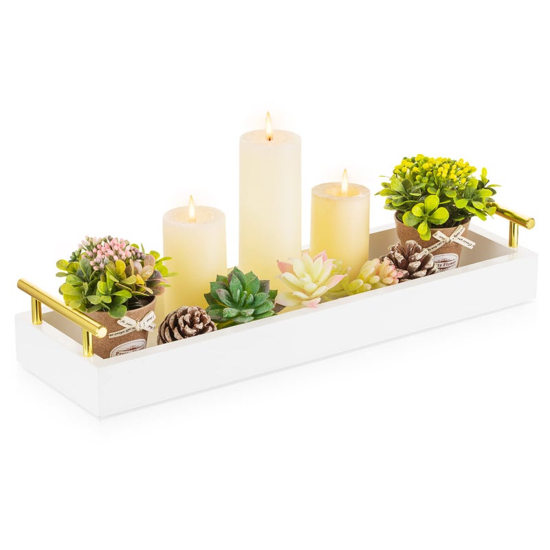Hanobe Rectangle Long Narrow Tray Decorative Trays Rectangular Candle Holder Trays for Home Decor White Centerpiece Tray Decor Serving Tray with Gold Handles for Dining Table Coffee Bar Living Room
