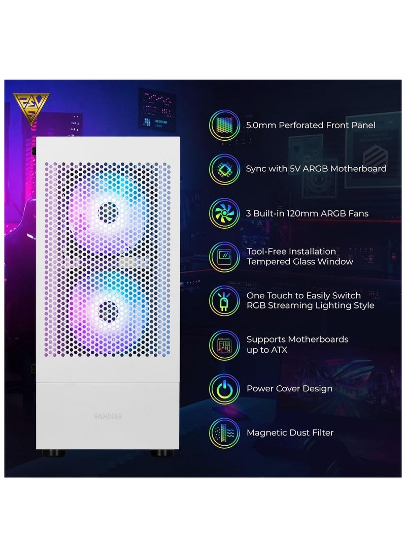 جامدياس - GAMDIAS TALOS TALOS E3 MESH W WH RGB إضاءة برجية متوسطة الحجم مع 3 مراوح مدمجة 120 مم ARGB مراوح زجاجية جانبية مقواة مع فلتر غبار مغناطيسي - Image 1