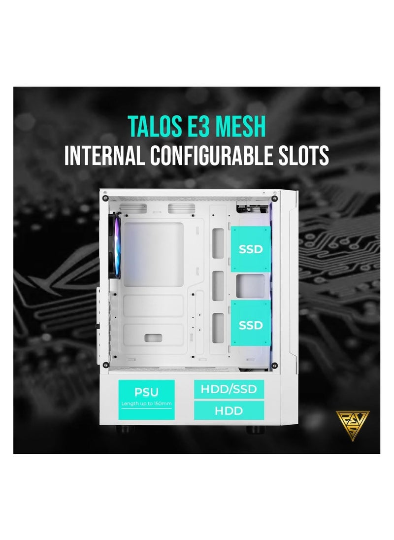 جامدياس - GAMDIAS TALOS TALOS E3 MESH W WH RGB إضاءة برجية متوسطة الحجم مع 3 مراوح مدمجة 120 مم ARGB مراوح زجاجية جانبية مقواة مع فلتر غبار مغناطيسي - Image 1