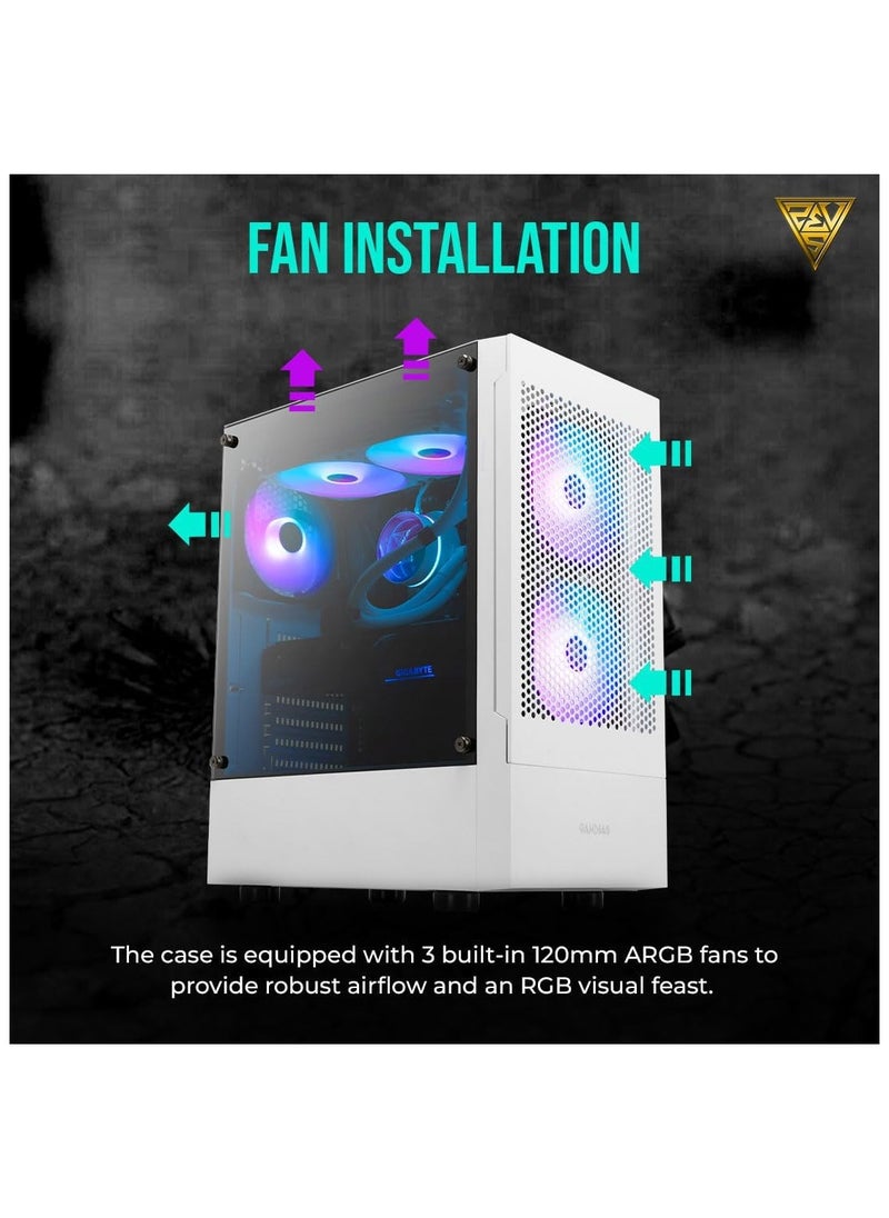 جامدياس - GAMDIAS TALOS TALOS E3 MESH W WH RGB إضاءة برجية متوسطة الحجم مع 3 مراوح مدمجة 120 مم ARGB مراوح زجاجية جانبية مقواة مع فلتر غبار مغناطيسي - Image 1
