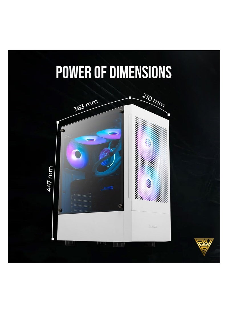 جامدياس - GAMDIAS TALOS TALOS E3 MESH W WH RGB إضاءة برجية متوسطة الحجم مع 3 مراوح مدمجة 120 مم ARGB مراوح زجاجية جانبية مقواة مع فلتر غبار مغناطيسي - Image 1