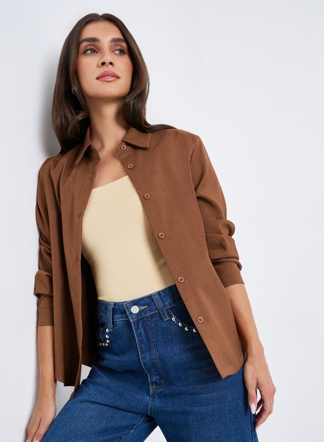 Styli Women Brown Long Sleeved Oversize Shirt - Image 3