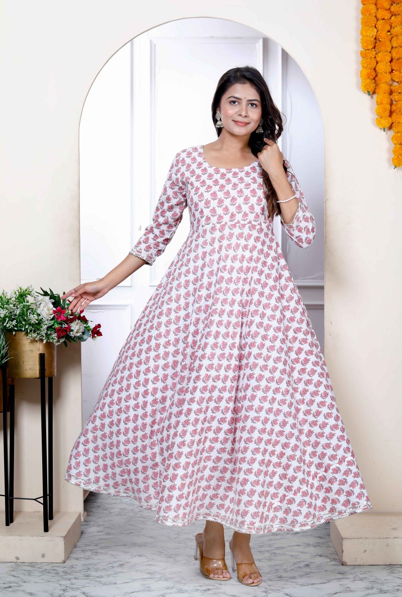 Miravan Womens Pink Pure Cotton Floral Printed Anarkali Kurta - Image 1