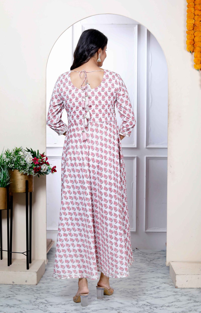 Miravan Womens Pink Pure Cotton Floral Printed Anarkali Kurta - Image 4