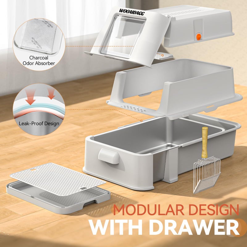 Wooaidagg Enclosed Stainless Steel Cat Litter Box with Odor Control, Modular Design with Drawer and Flip Door, Easy to Clean and Wash,Non-Stick Interior,Extra Large Size Fits All Cats(Light Grey) - Image 5