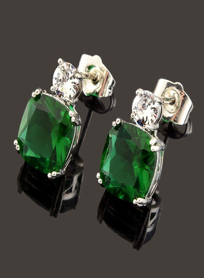 RIZILIA [RIZILIA CLASSIC] Stud Pierced Earrings with Cushion Cut Gemstones CZ [Green Emerald] in 18K White Gold Plated, Simple Modern Elegant - Image 5