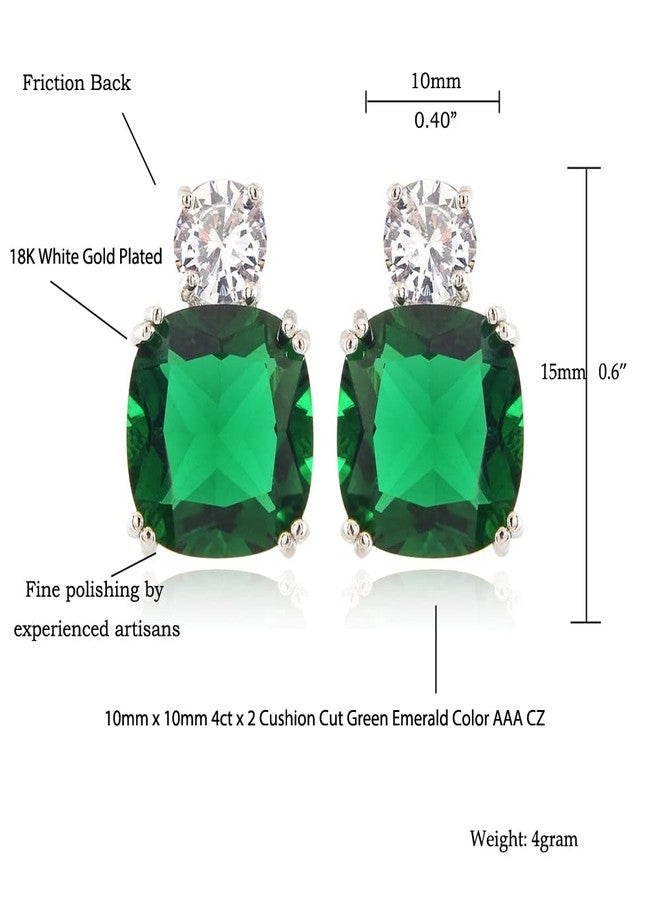 RIZILIA [RIZILIA CLASSIC] Stud Pierced Earrings with Cushion Cut Gemstones CZ [Green Emerald] in 18K White Gold Plated, Simple Modern Elegant - Image 2