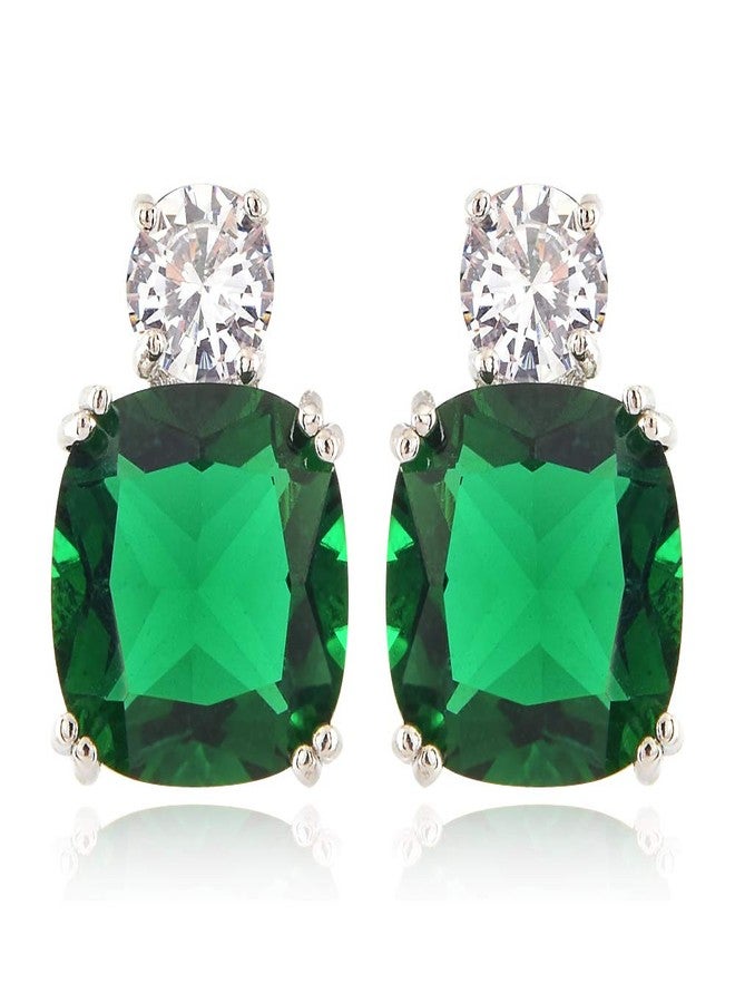 RIZILIA [RIZILIA CLASSIC] Stud Pierced Earrings with Cushion Cut Gemstones CZ [Green Emerald] in 18K White Gold Plated, Simple Modern Elegant - Image 1