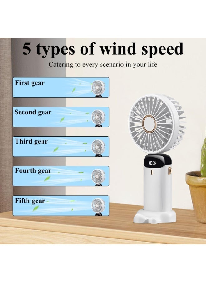 Yakiter Portable folding handheld small fan, rechargeable small fan, 90° folding mini desktop fan, Led digital display, 5-speed outdoor Indoor multi-function fan (White) - Image 2