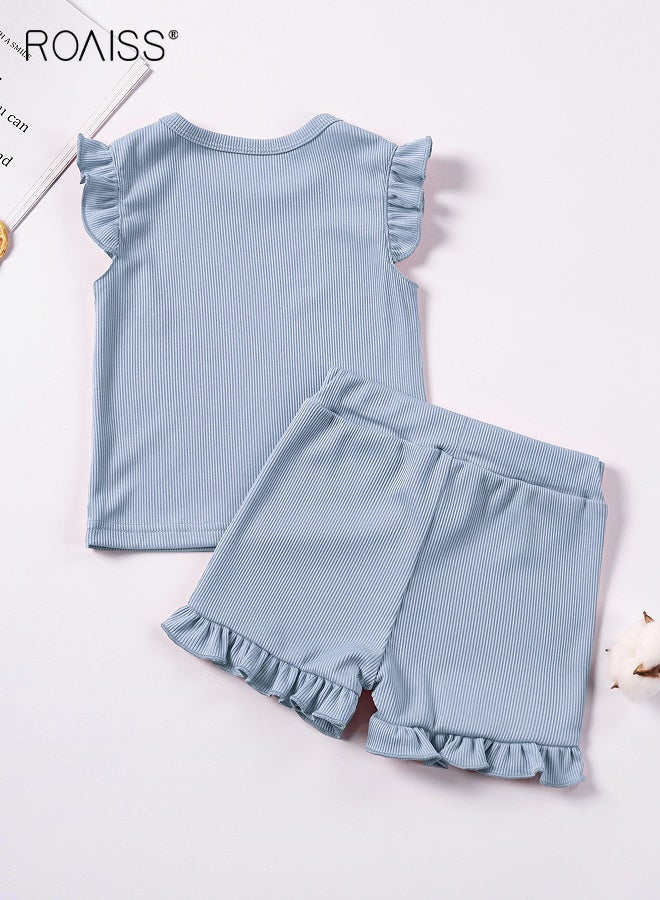 رويس طقم ملابس مريح من قطعتين للفتيات الصغيرات، طقم تي شيرت وشورت رائع للفتيات الصغيرات، ملابس صيفية أنيقة مع بلوزة بلا أكمام وسروال قصير بلون موحد، مناسب للارتداء اليومي - Image 3