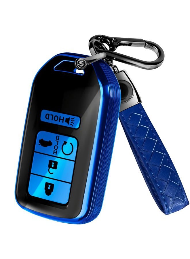Lucrum Compatible with Honda Key Fob Cover & Leather Keychain - TPU Keyfob Case for Accord Civic CR-V HR-V Pilot Ridgeline Crosstour Fit, For 5 Button Remote (2015-2021) - Blue and Black - Image 1
