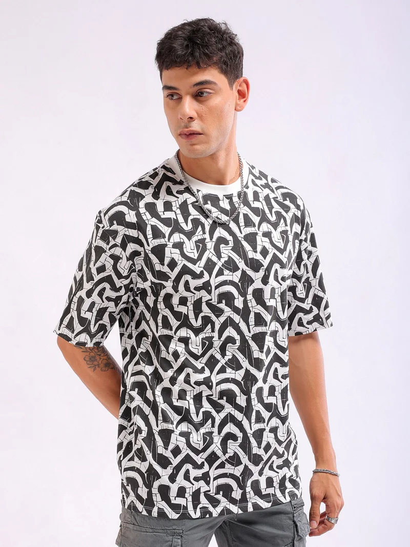 The Indian Garage Co Men's Casual Boxy Placement Print Crew Neck Short Sleeve T-Shirt