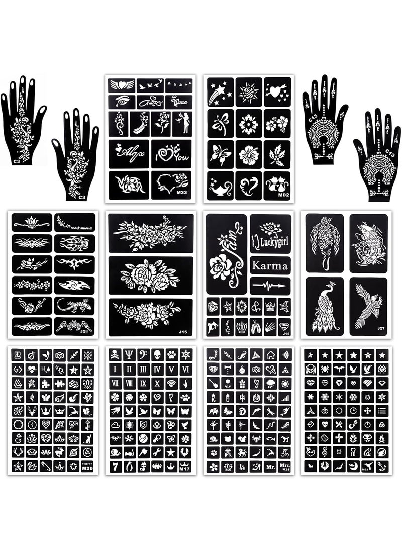 Mcpinky MCPINKY 283PCS Henna Tattoo Stencil Kit, 12 Sheets Temporary Glitter Semi Permanent Tattoo for Women and Girls Arabian Realistic Tattoo Stickers Airbrush Face Paint Body Art 
