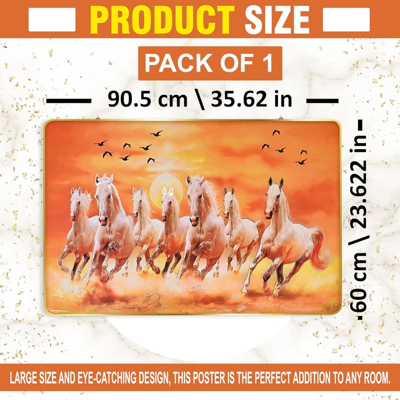 Rousrie 7 Running Horses With Sun Painting With Golden Frame For Wall Vastu Seven Horse Painting For Wall Decor Living Room Decoration Big Size Photo Frame 90 by 60 Cm - Image 2
