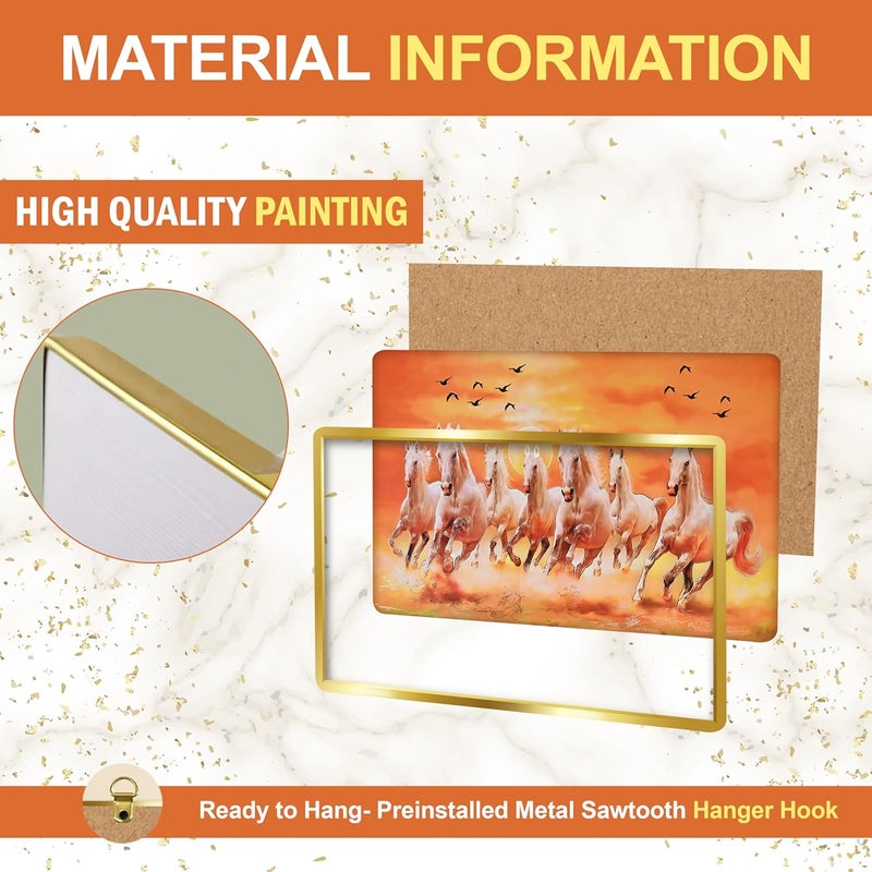 Rousrie 7 Running Horses With Sun Painting With Golden Frame For Wall Vastu Seven Horse Painting For Wall Decor Living Room Decoration Big Size Photo Frame 90 by 60 Cm - Image 4