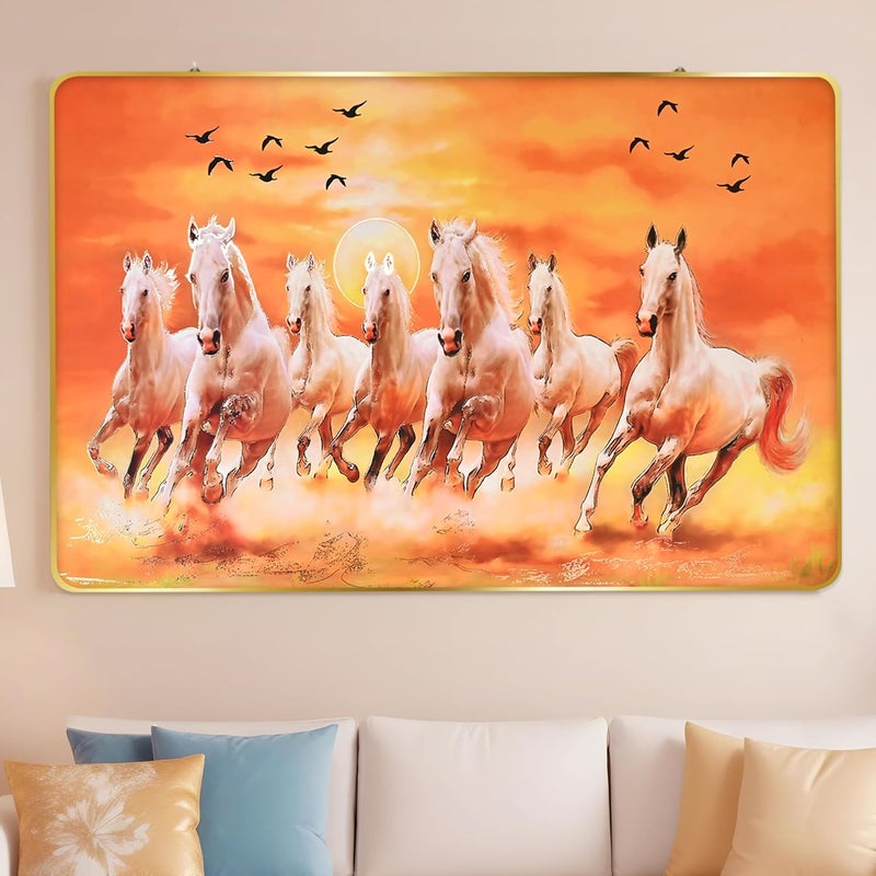 Rousrie 7 Running Horses With Sun Painting With Golden Frame For Wall Vastu Seven Horse Painting For Wall Decor Living Room Decoration Big Size Photo Frame 90 by 60 Cm - Image 1