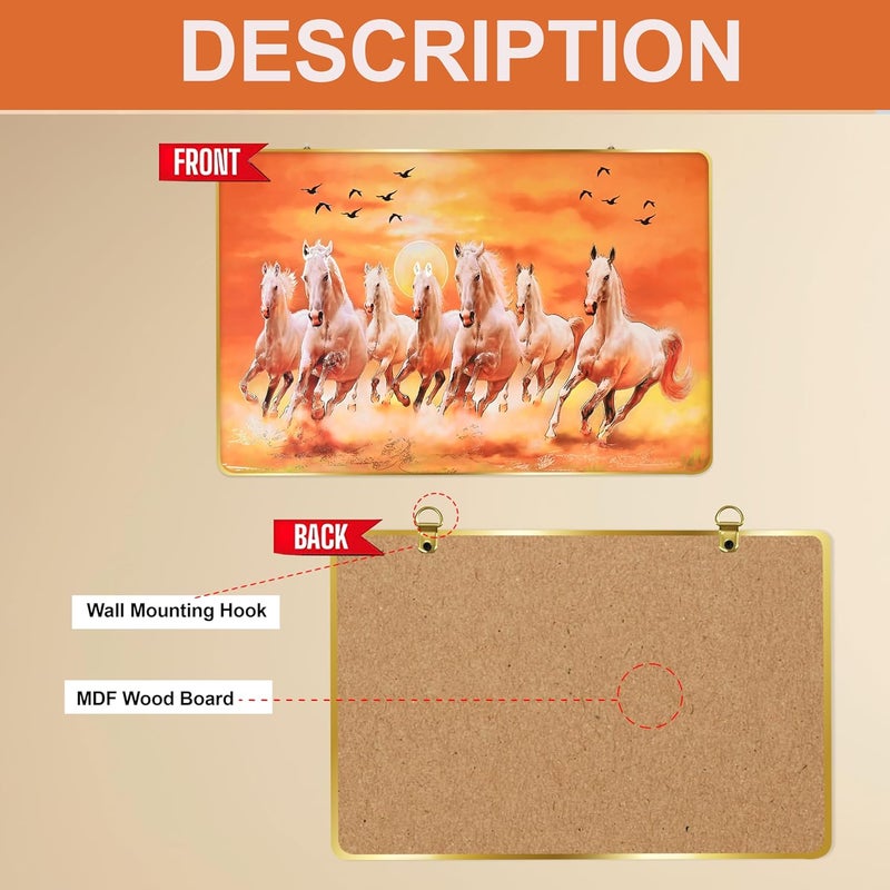 Rousrie 7 Running Horses With Sun Painting With Golden Frame For Wall Vastu Seven Horse Painting For Wall Decor Living Room Decoration Big Size Photo Frame 90 by 60 Cm - Image 5