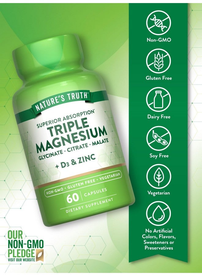 Nature's Truth مكمل مركب المغنيسيوم الثلاثي من ناتشرز تروث | 60 كبسولة | غليسينات، سترات ومالات | مع D3 وزنك | نباتي، غير معدل وراثيًا، وخالي من الغلوتين - Image 3