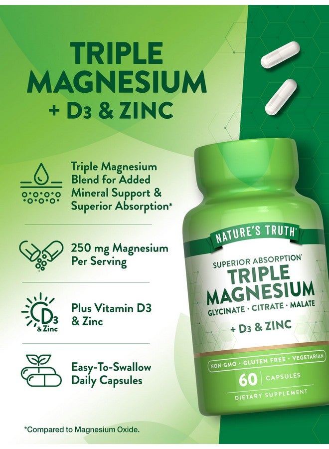 Nature's Truth مكمل مركب المغنيسيوم الثلاثي من ناتشرز تروث | 60 كبسولة | غليسينات، سترات ومالات | مع D3 وزنك | نباتي، غير معدل وراثيًا، وخالي من الغلوتين - Image 5