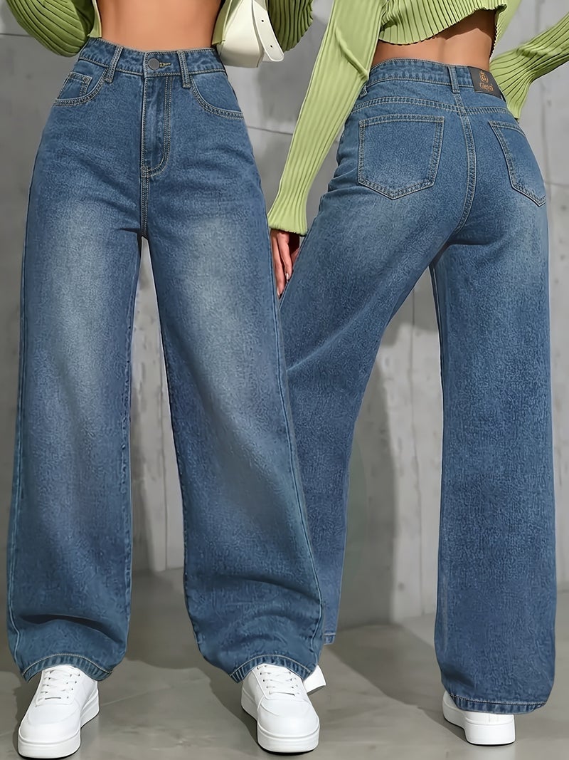 Women'S High-Waist Wide-Leg Jeans, Light Wash Blue Loose Casual Denim Trousers - Image 2