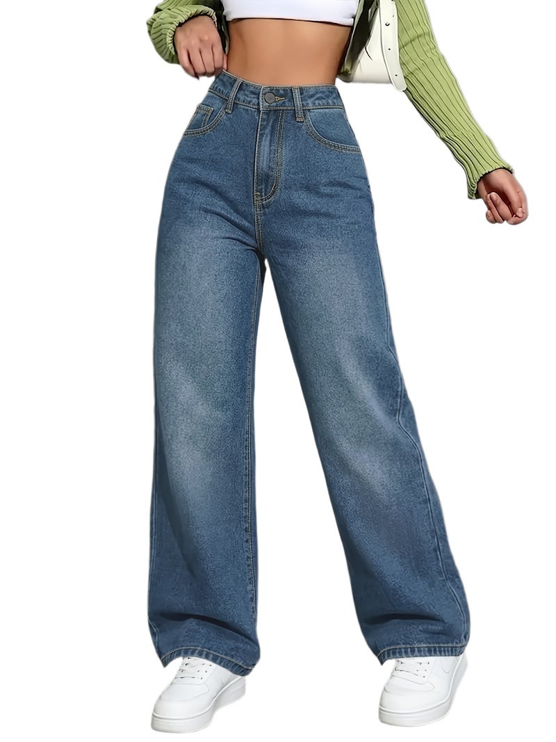 Women'S High-Waist Wide-Leg Jeans, Light Wash Blue Loose Casual Denim Trousers - Image 1