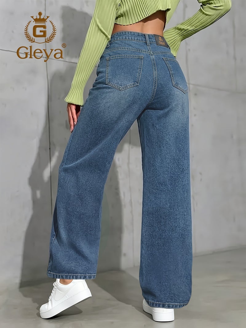 Women'S High-Waist Wide-Leg Jeans, Light Wash Blue Loose Casual Denim Trousers - Image 5