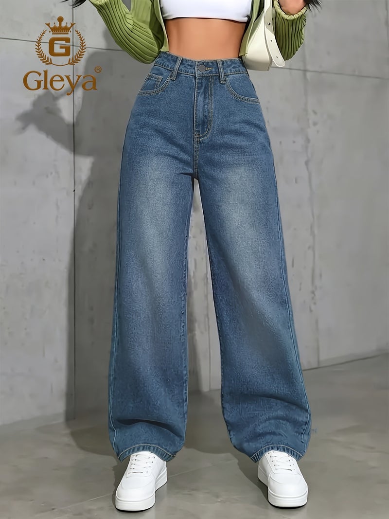 Women'S High-Waist Wide-Leg Jeans, Light Wash Blue Loose Casual Denim Trousers - Image 4