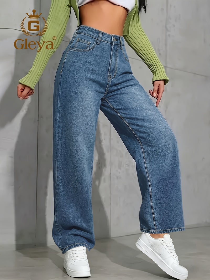 Women'S High-Waist Wide-Leg Jeans, Light Wash Blue Loose Casual Denim Trousers - Image 3