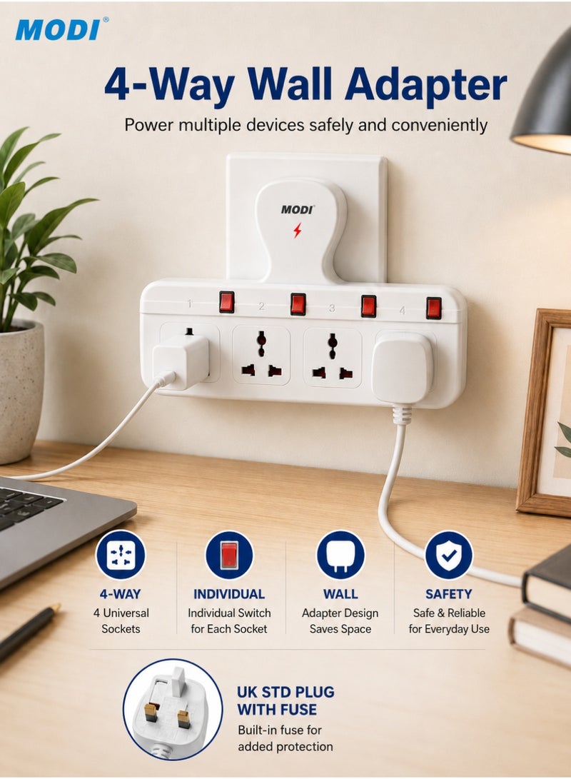 MODI 4-Way Wall Plug Power Extension ,13 A Conversion Plug with Individual Switches, Universal Sockets, Child Safety Shutter, Fire-Resistant Body, Wall Mount Extension Socket for Home Office - Image 1