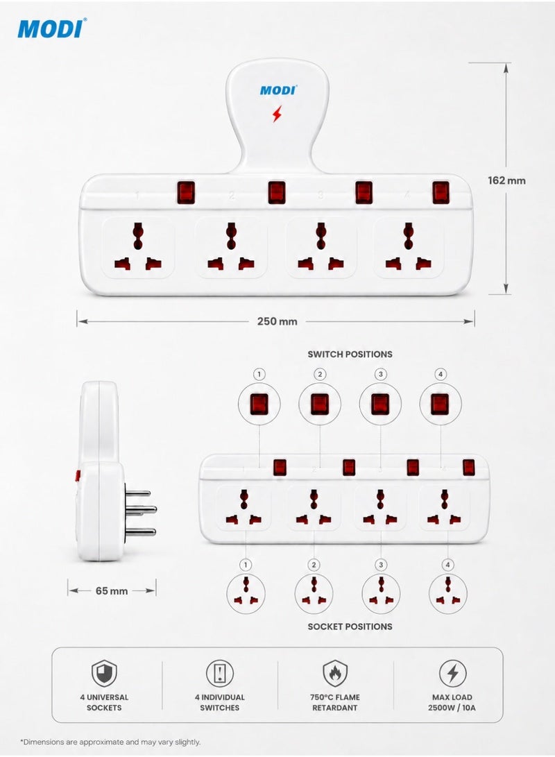 MODI 4-Way Wall Plug Power Extension ,13 A Conversion Plug with Individual Switches, Universal Sockets, Child Safety Shutter, Fire-Resistant Body, Wall Mount Extension Socket for Home Office - Image 2
