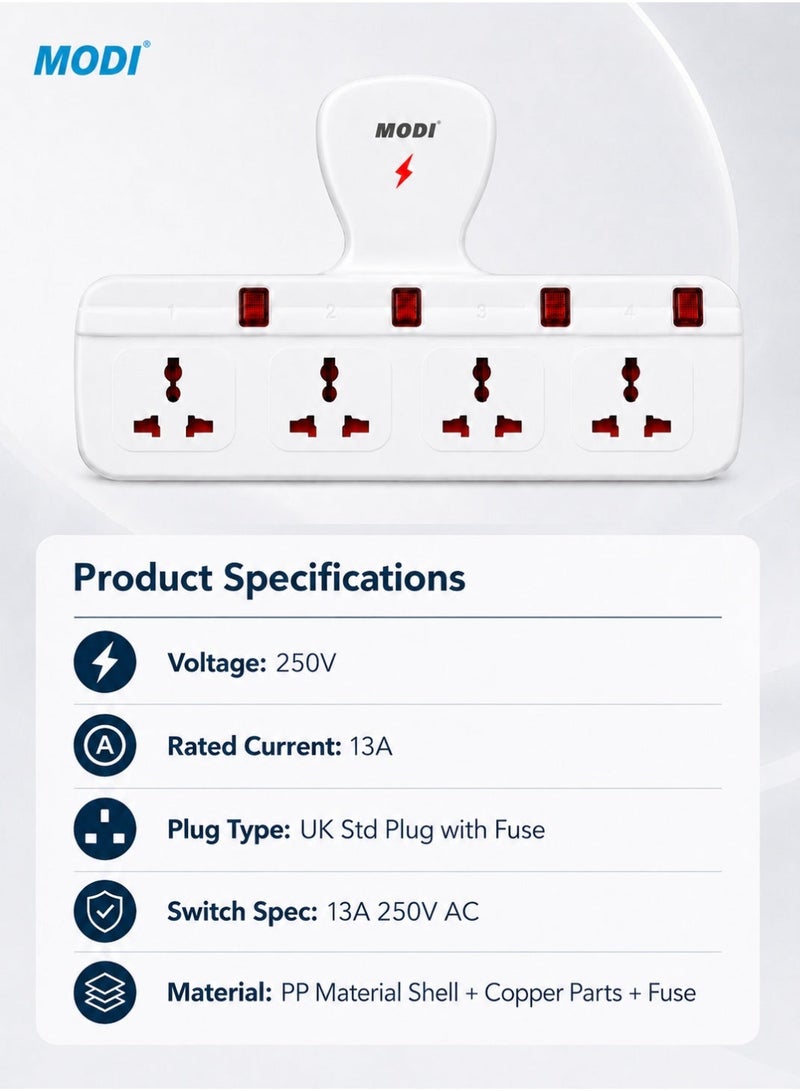 MODI 4-Way Wall Plug Power Extension ,13 A Conversion Plug with Individual Switches, Universal Sockets, Child Safety Shutter, Fire-Resistant Body, Wall Mount Extension Socket for Home Office - Image 3