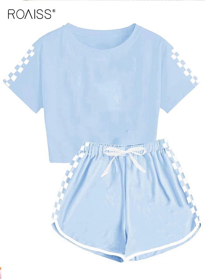 roaiss Kids T-shirt and Shorts Set, Summer Outfit with Plaid Design, 2 Piece Clothing Set, Comfortable Breathable Sports Suit, Casual Sweat Tracksuit, Suitable for Vacation, Travel, Beach, Running and Daily Wear  - Image 1