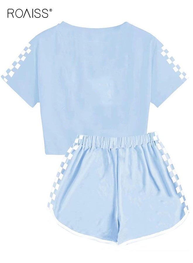 roaiss Kids T-shirt and Shorts Set, Summer Outfit with Plaid Design, 2 Piece Clothing Set, Comfortable Breathable Sports Suit, Casual Sweat Tracksuit, Suitable for Vacation, Travel, Beach, Running and Daily Wear  - Image 2