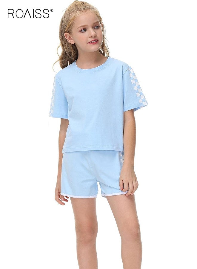 roaiss Kids T-shirt and Shorts Set, Summer Outfit with Plaid Design, 2 Piece Clothing Set, Comfortable Breathable Sports Suit, Casual Sweat Tracksuit, Suitable for Vacation, Travel, Beach, Running and Daily Wear  - Image 3