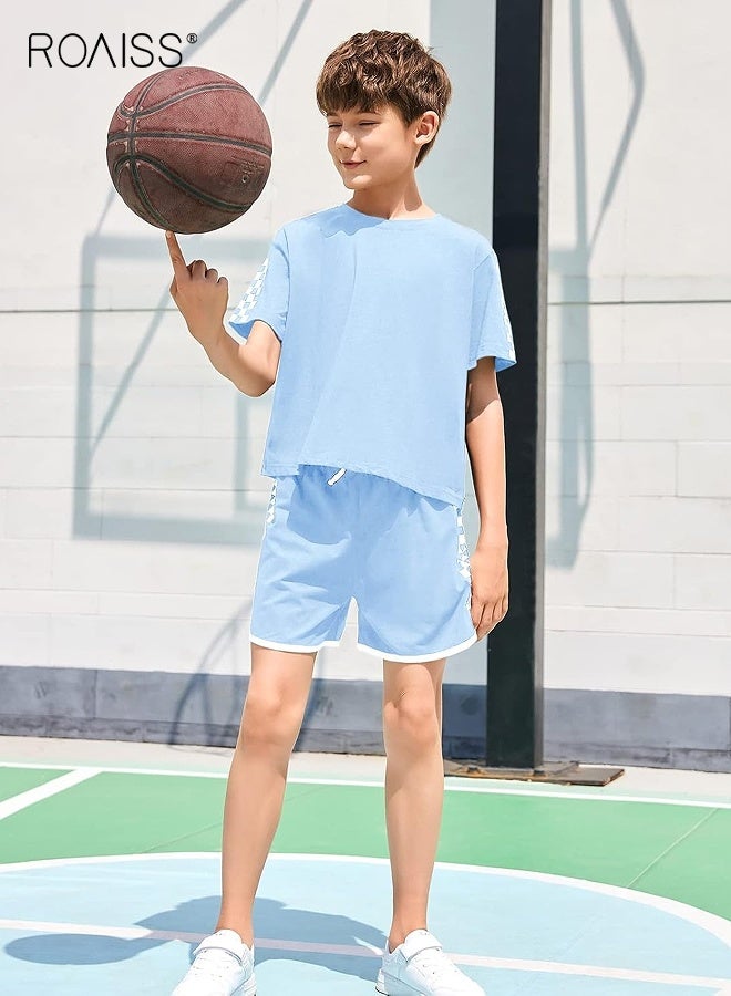 roaiss Kids T-shirt and Shorts Set, Summer Outfit with Plaid Design, 2 Piece Clothing Set, Comfortable Breathable Sports Suit, Casual Sweat Tracksuit, Suitable for Vacation, Travel, Beach, Running and Daily Wear  - Image 5
