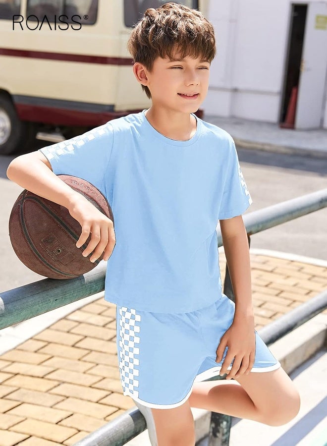 Kids T-shirt and Shorts Set, Summer Outfit with Plaid Design, 2 Piece Clothing Set, Comfortable Breathable Sports Suit, Casual Sweat Tracksuit, Suitable for Vacation, Travel, Beach, Running and Daily Wear
