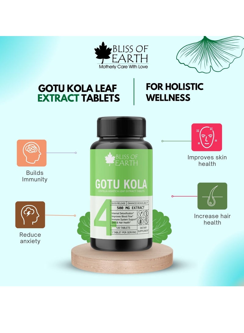 BLISS OF EARTH Brahmi Gotu Kola Tablets 500mg For Brain & Nervous System Support 120 Tablets per bottle - Image 2