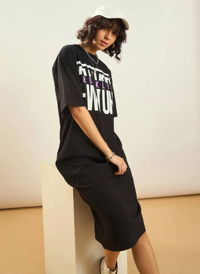SASSAFRAS Black Typography Printed Oversized T-Shirt Dress for Women
