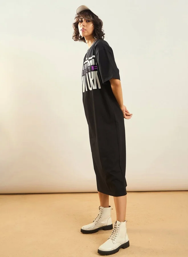 SASSAFRAS Black Typography Printed Oversized T-Shirt Dress for Women