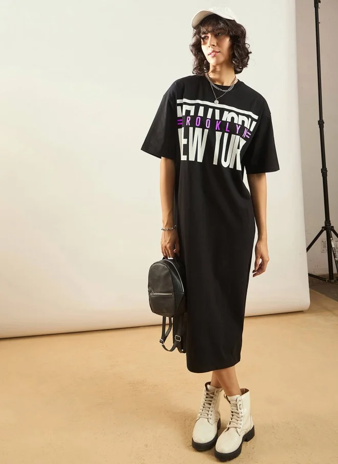 SASSAFRAS Black Typography Printed Oversized T-Shirt Dress for Women