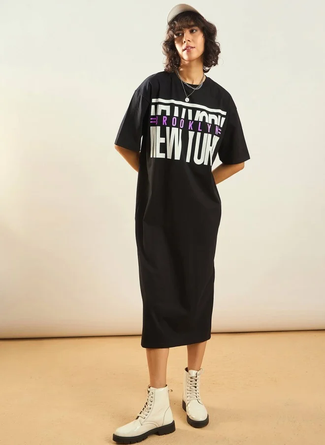 SASSAFRAS Black Typography Printed Oversized T-Shirt Dress for Women